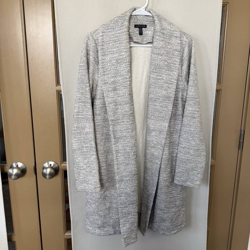 Eileen Fisher Womens Large Black White Marled Organic Cotton Terry Shawl Cardiga